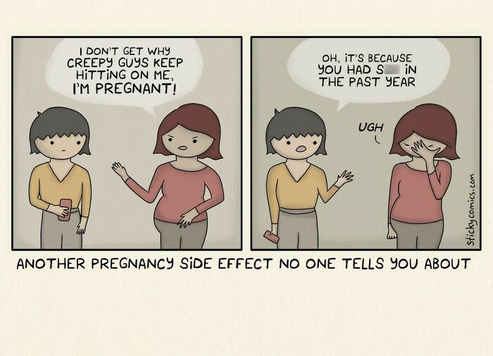 Comic panel depicting two women discussing pregnancy side effects, illustrating comics that sum up the human condition.