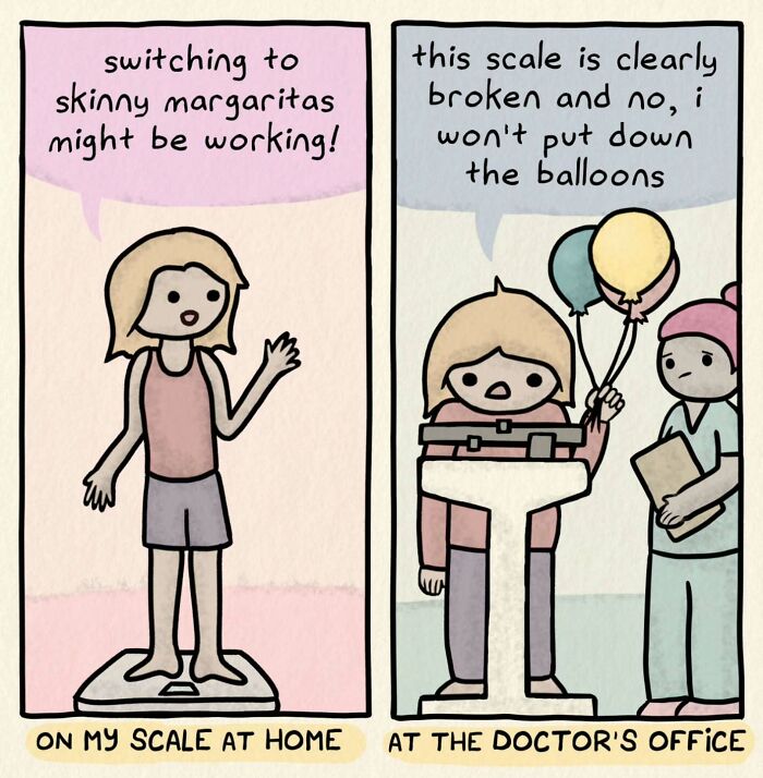 Comic illustrating anxiety and human condition with contrasting scenes at home and doctor's office scales and balloons.