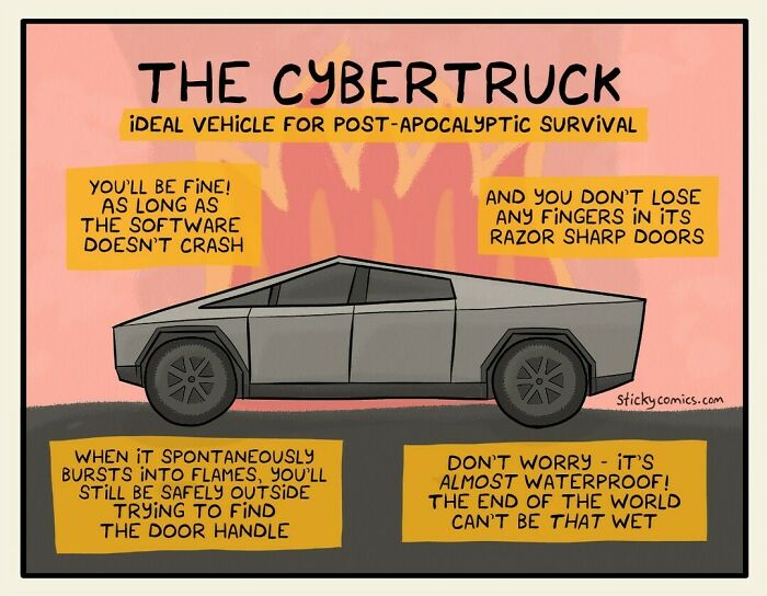 Comic illustration of a post-apocalyptic vehicle highlighting dark humor about anxiety and human condition in art.