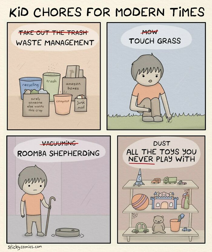 Comic panels showing modern kid chores like waste management, touching grass, Roomba shepherding, and dusting old toys, reflecting the human condition.
