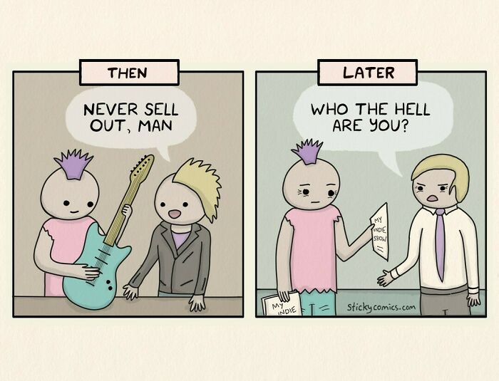 Two-panel comic illustrating anxiety and human condition with punk characters discussing selling out and identity conflict.