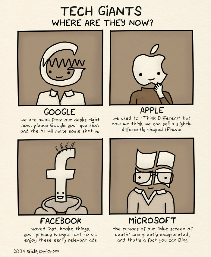 Comic illustration of tech giants humorously depicting anxiety and the human condition through relatable social commentary.