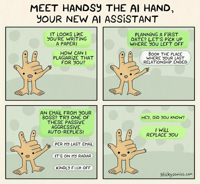 Comic strip featuring Handsy the AI hand giving sarcastic advice, illustrating human condition with anxiety and humor.