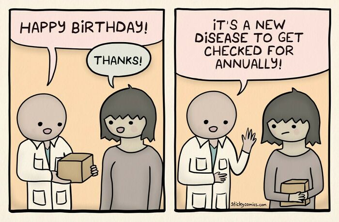 Two-panel comic illustrating anxiety as a new disease, depicting a humorous interaction between a doctor and patient.