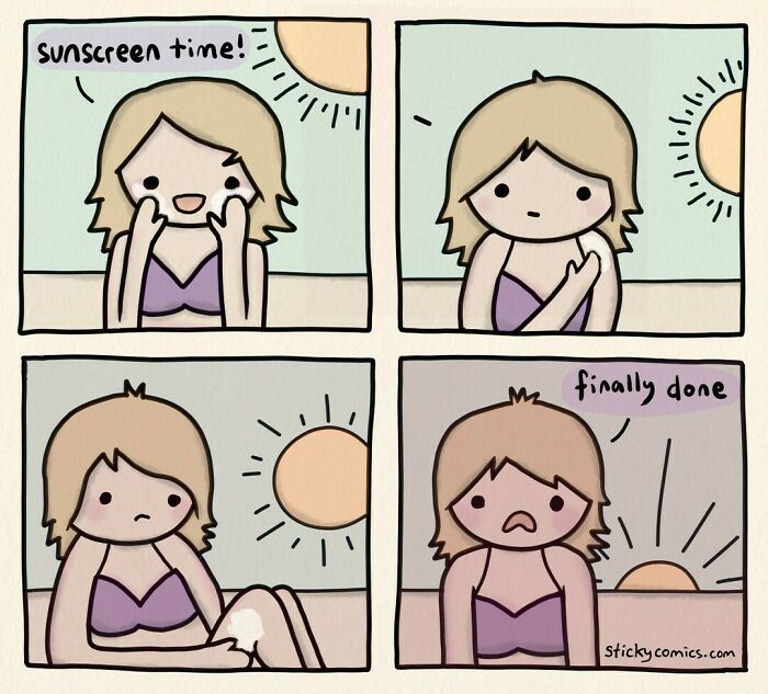 Comic strip showing a woman applying sunscreen and experiencing relatable anxiety, capturing the human condition in a crisp style.