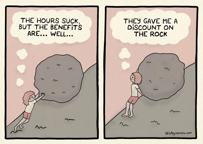 Comic strip showing a person struggling with a large rock, illustrating anxiety and the human condition in art.