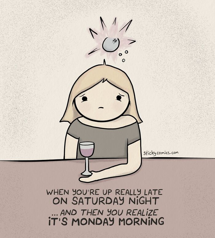 Sad woman holding a glass, comic illustrating anxiety and human condition with a thought bubble above her head.