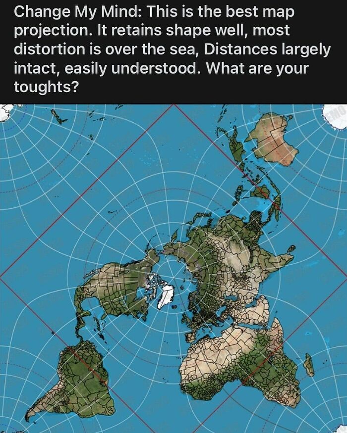 Top-down map projection showing continents with minimal distortion, illustrating interesting information presented through maps and charts.