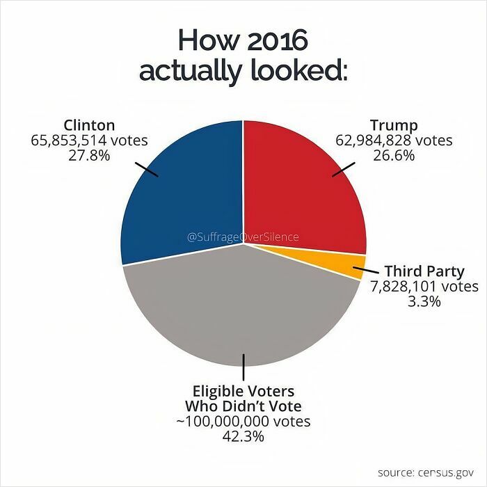 Pie chart presenting interesting information on 2016 votes, showing distribution among candidates and non-voters.