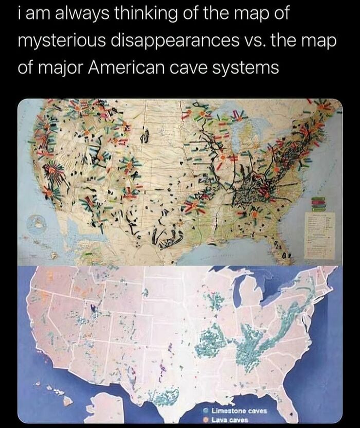 Maps showing mysterious disappearances and major American cave systems presented through interesting information and visual data.
