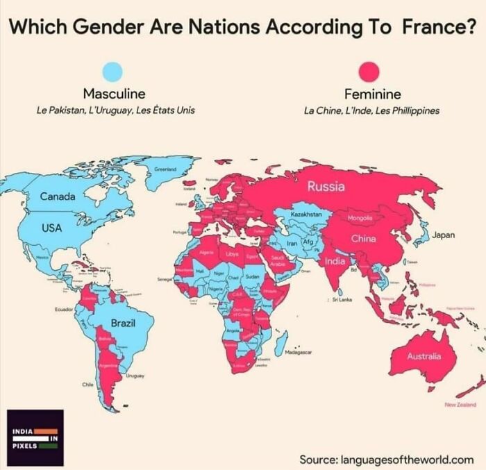 World map showing nations classified as masculine or feminine according to French, using colors in an interesting chart.