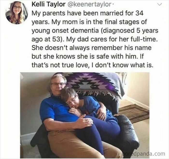 Older couple showing true love and care, with wife resting on husband as a wholesome meme about lasting relationships.