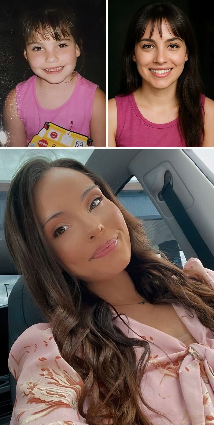 Collage showing aging progression from childhood photos to adult portraits using ChatGPT age prediction comparisons