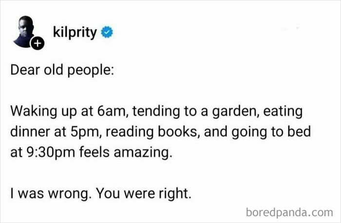 Wholesome meme about appreciating simple daily routines like waking early, gardening, and early bedtime shared humorously.