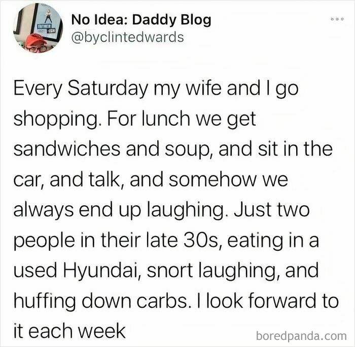 Text post showing a wholesome moment between a couple enjoying lunch and laughter, perfect wholesome memes theme.