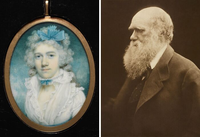 Portrait of a remarkable mother in 18th-century attire paired with a sepia photo of a bearded man in formal wear.