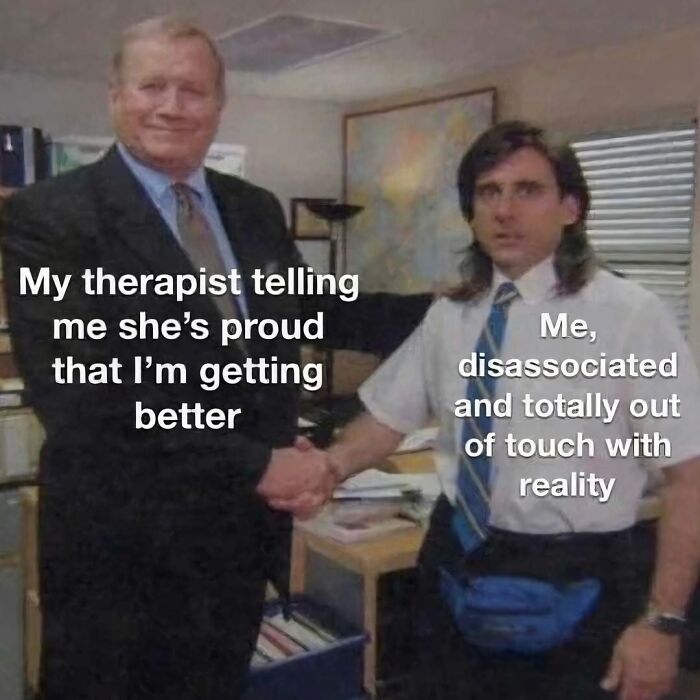 Scene from a funny meme showing a therapist proud while the patient looks disassociated, highlighting therapy humor.
