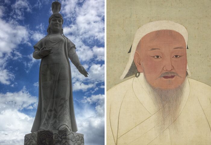 Statue of a remarkable mother against blue sky beside historical portrait of a male figure, symbolizing mothers who shaped the world.