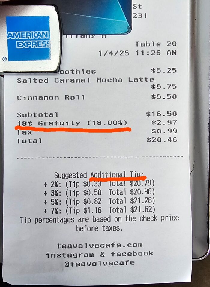 Receipt showing an 18% gratuity plus suggested additional tips, highlighting the extremes of tipping culture today.