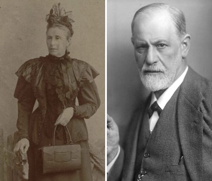 Black and white portraits of a remarkable mother in Victorian attire and an elderly man in a suit, representing influential historical figures.