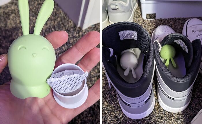 Green bunny-shaped novelty find designed to keep shoes fresh, demonstrating clever and low-key genius innovation.