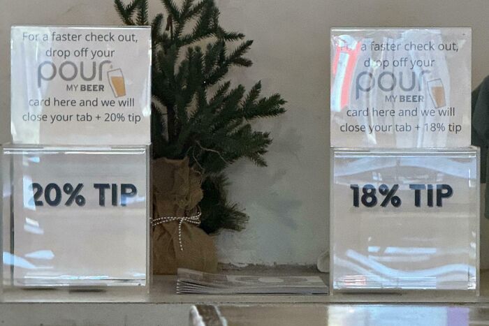 Tip jars showing mandatory 18% and 20% tipping for faster checkout, highlighting ridiculous tipping culture expectations.