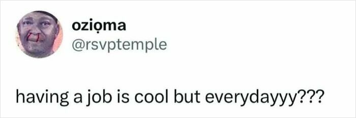Screenshot of a meme tweet about the struggle of having a job every day, featuring humor from the circle of idiots theme.