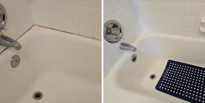 Before and after cleaning of a bathtub corner showing improvement, featuring star performers in home care products.