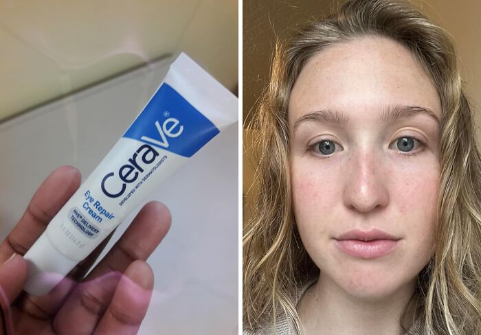 Hand holding Cerave Eye Repair Cream tube next to close-up of woman's clear, fresh face highlighting skincare products.