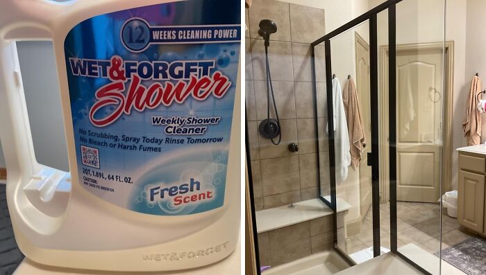 Wet & Forget Shower cleaner bottle next to a spotless modern shower, highlighting top halftime show star products.