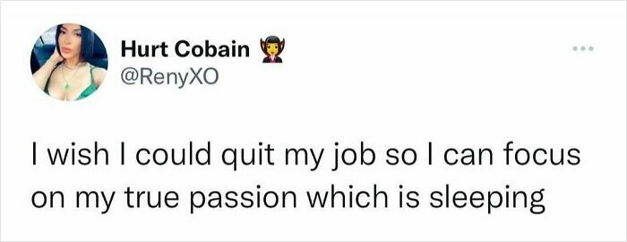 Screenshot of a humorous social media post about quitting a job to focus on the passion of sleeping, meme style.