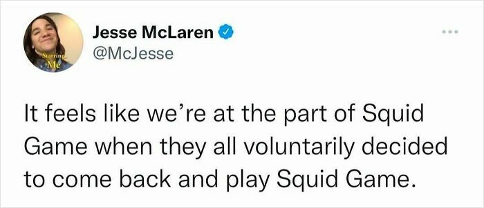 Screenshot of a tweet humorously comparing a situation to the Squid Game, featured in Circle Of Idiots memes.