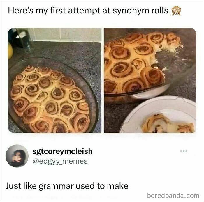 Baked synonym rolls pun meme with a humorous take on wordplay and grammar in a kitchen setting.
