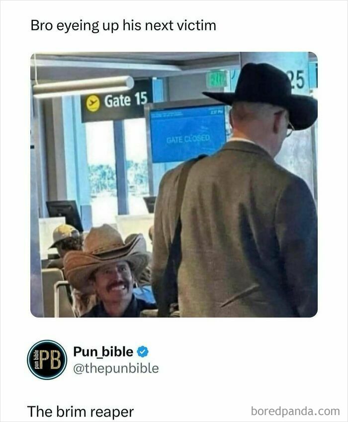 Man in cowboy hat smiling at another man in hat at airport gate, showcasing hilarious pun memes and wordplay comedy.