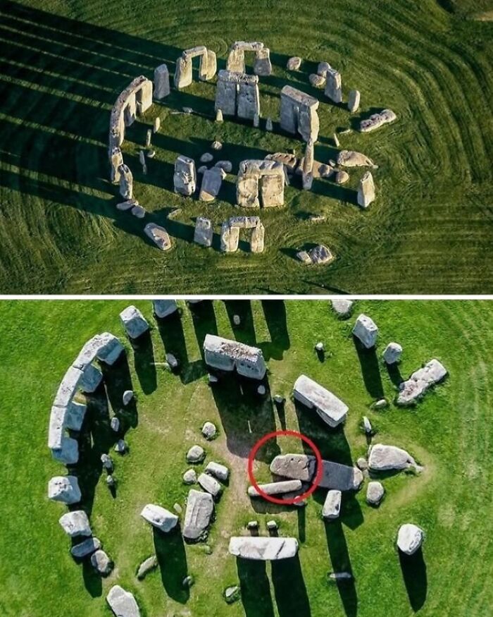 Aerial views of ancient stone circle ruins casting long shadows on grass in archaeology world.