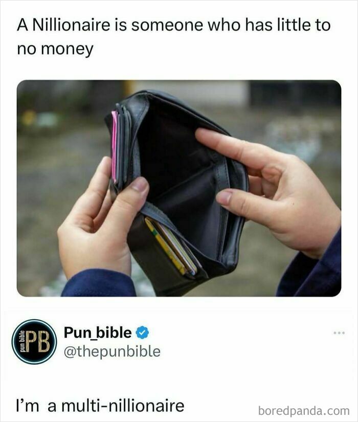 Empty wallet held open to show no money, paired with a pun meme about being a multi-nillionaire using wordplay humor.