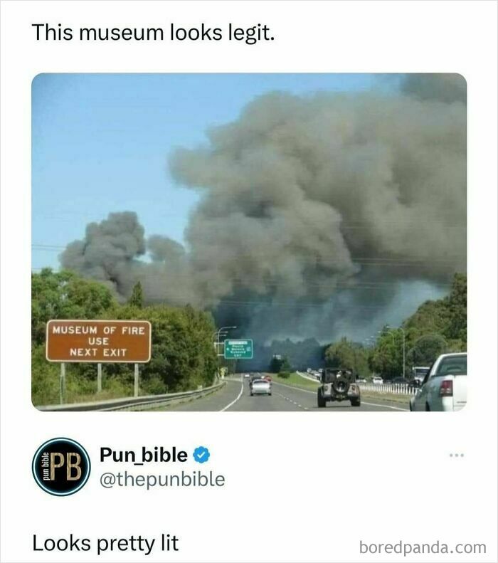 Smoke billowing from a fire near a Museum of Fire road sign, showcasing a hilarious pun meme with wordplay comedy.