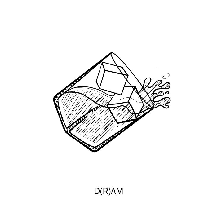 Sketch of a clever drawing showing a tilted glass with ice cubes and liquid splashing, illustrating wordplay and creativity.