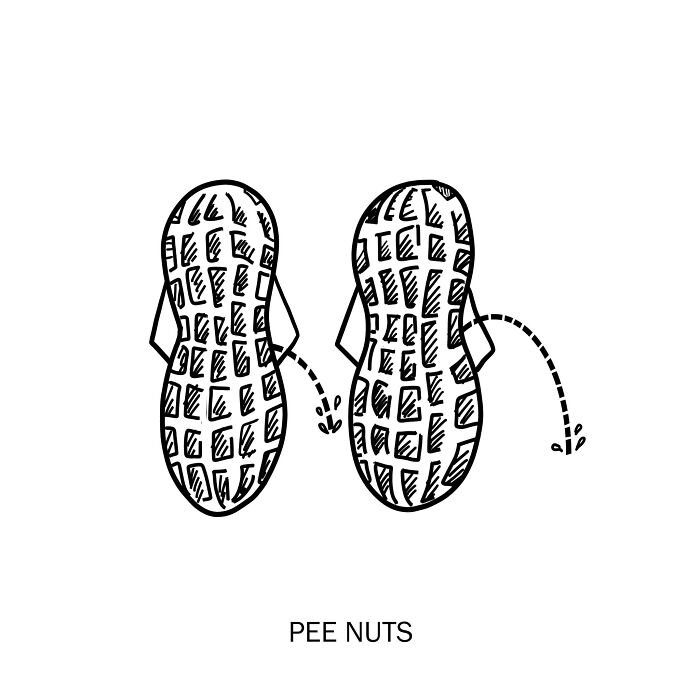 Two peanuts with arms urinating, a clever drawing that brings wordplay to life with visual humor.