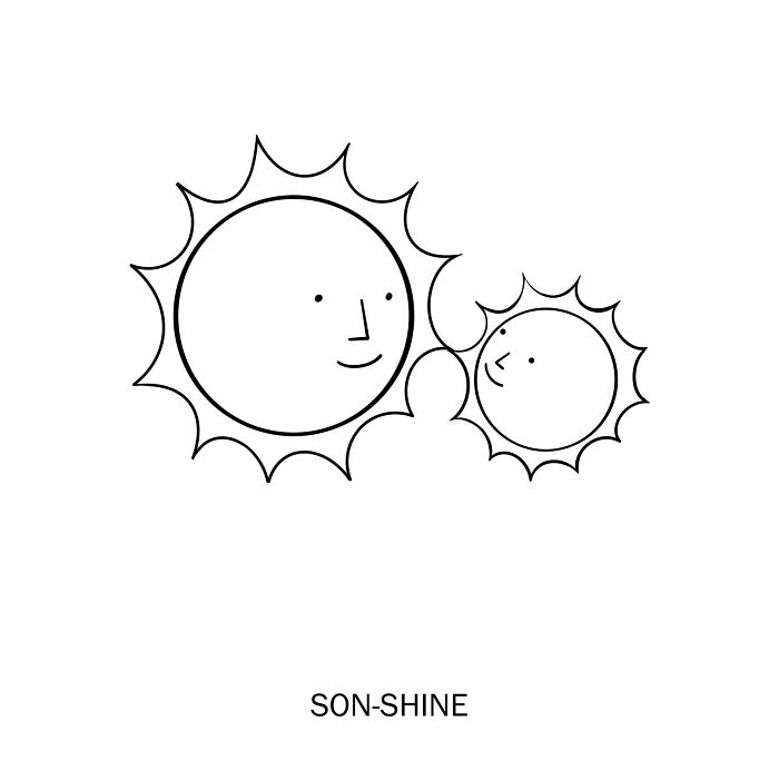Minimalist clever drawing showing two suns with faces representing wordplay with son-shine in black and white.