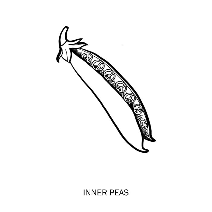 Clever drawing of a pea pod with peace symbols inside, illustrating wordplay in creative artwork.