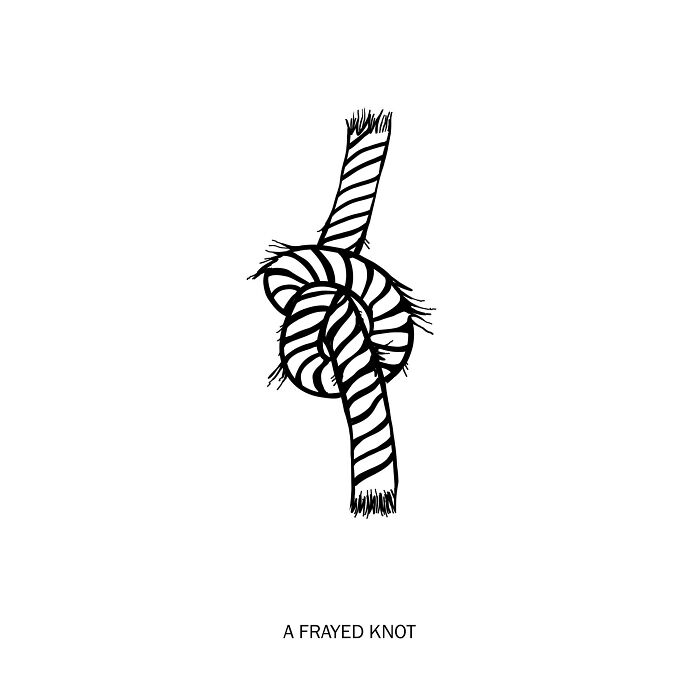 Black and white clever drawing of a frayed knot illustrating wordplay in a minimalist style artwork.