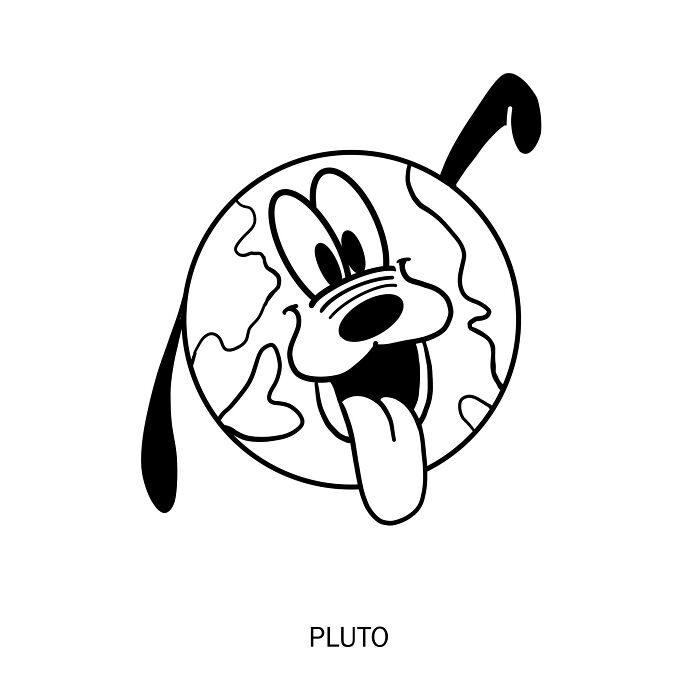 Clever drawing of Pluto as a dog with Earth features, showcasing wordplay art in a bold black and white style.