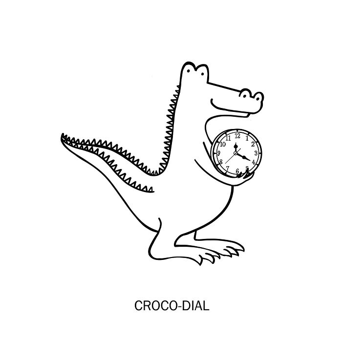 Clever drawing of a crocodile holding a clock, illustrating wordplay in clever drawings that bring wordplay to life.