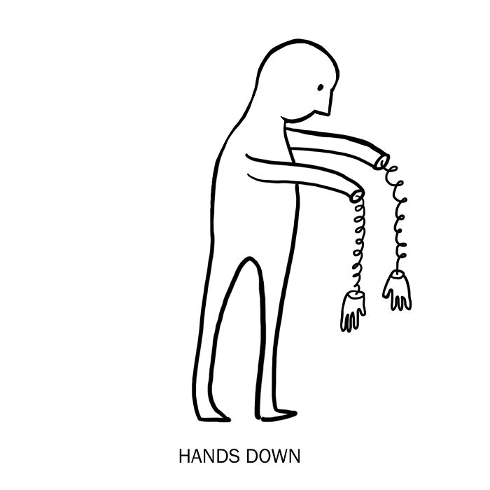 Minimalist drawing showing a figure holding two detached hands with coiled cords, a clever wordplay drawing concept.