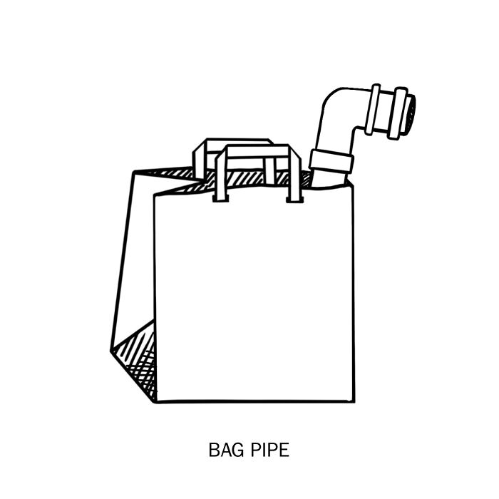 Black and white clever drawing of a bag with a pipe, illustrating wordplay in creative artwork.