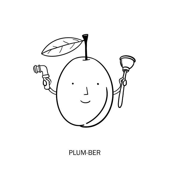Clever drawing of a plum holding plumbing tools illustrating wordplay in creative artwork.