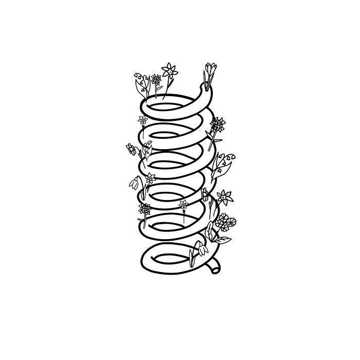 Black and white clever drawing of a coiled spring with flowers growing from it, showcasing creative wordplay art.