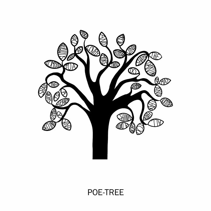 Black and white clever drawing of a tree with wordplay on the leaves, illustrating witty and creative illustrations.