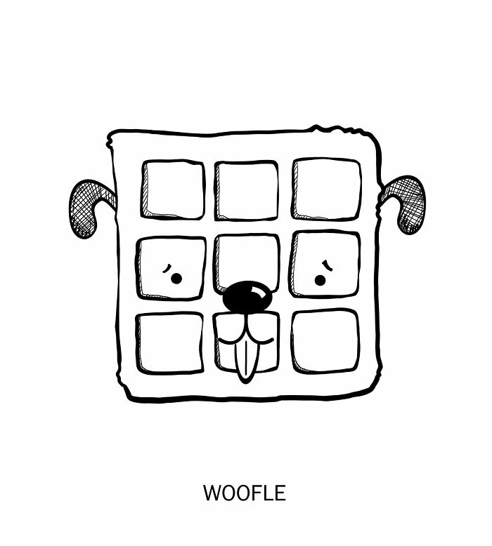 Clever drawing of a waffle redesigned as a dog face, illustrating creative wordplay in art.